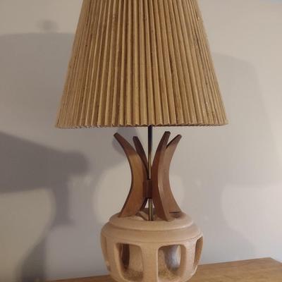 Mid Century Brutalist Chalkware Lamp with Teak Accents and Pleated Lamp Shade