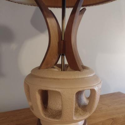 Mid Century Brutalist Chalkware Lamp with Teak Accents and Pleated Lamp Shade