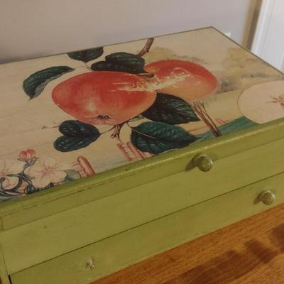 Vintage Wood Jewelry Trinket Box with Painted Lid