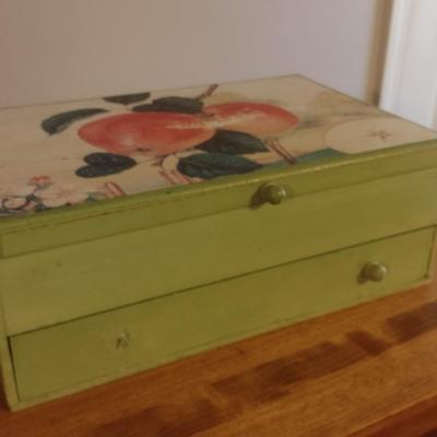 Vintage Wood Jewelry Trinket Box with Painted Lid