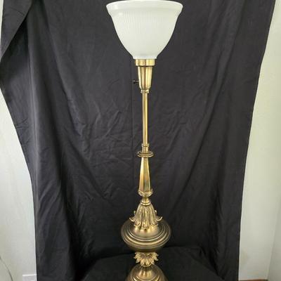 Vintage Hollywood Regency Stiffel brass torchiere table lamp with a milk glass shade (2 of 2)