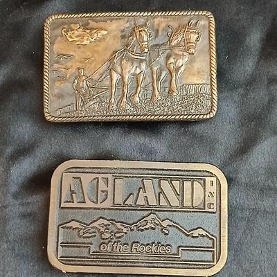Brass belt buckles - 1976 Bergamot Brass Works "Plow Horse" or "Farmer" belt buckle & a AGLAND of the Rockies buckle