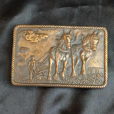 Brass belt buckles - 1976 Bergamot Brass Works "Plow Horse" or "Farmer" belt buckle & a AGLAND of the Rockies buckle