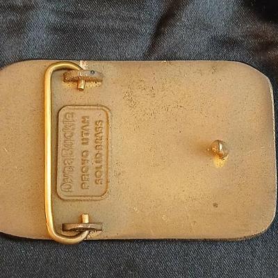 Brass belt buckles - 1976 Bergamot Brass Works "Plow Horse" or "Farmer" belt buckle & a AGLAND of the Rockies buckle