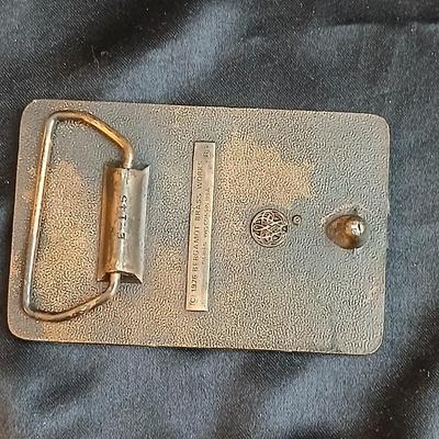 Brass belt buckles - 1976 Bergamot Brass Works "Plow Horse" or "Farmer" belt buckle & a AGLAND of the Rockies buckle