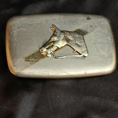 Two horse themed belt buckles -vintage Ricardo nickel silver and bronze western belt buckle & a vintage Lyn Tone Co. horse head buckle