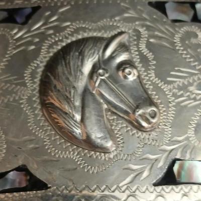 Mexico Alpaca silver toned and abalone inlaid belt buckle featuring a horse head design with a bolo tie clip featuring a horse