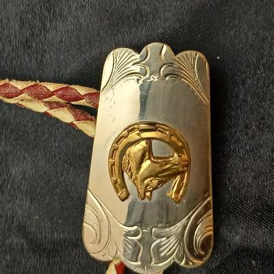 Mexico Alpaca silver toned and abalone inlaid belt buckle featuring a horse head design with a bolo tie clip featuring a horse