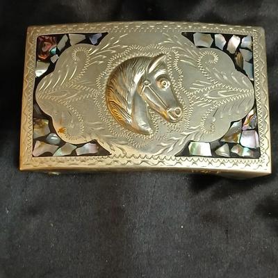 Mexico Alpaca silver toned and abalone inlaid belt buckle featuring a horse head design with a bolo tie clip featuring a horse