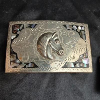 Mexico Alpaca silver toned and abalone inlaid belt buckle featuring a horse head design with a bolo tie clip featuring a horse
