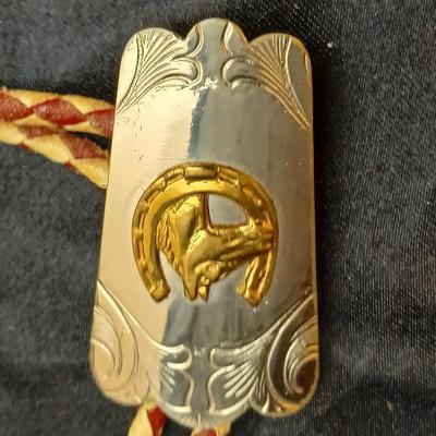 Mexico Alpaca silver toned and abalone inlaid belt buckle featuring a horse head design with a bolo tie clip featuring a horse