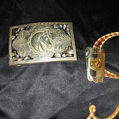 Mexico Alpaca silver toned and abalone inlaid belt buckle featuring a horse head design with a bolo tie clip featuring a horse