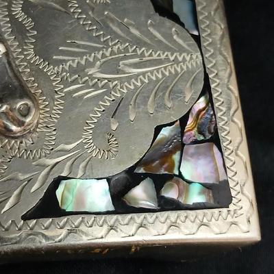 Mexico Alpaca silver toned and abalone inlaid belt buckle featuring a horse head design with a bolo tie clip featuring a horse