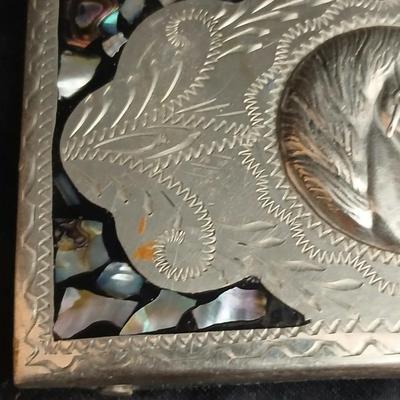 Mexico Alpaca silver toned and abalone inlaid belt buckle featuring a horse head design with a bolo tie clip featuring a horse