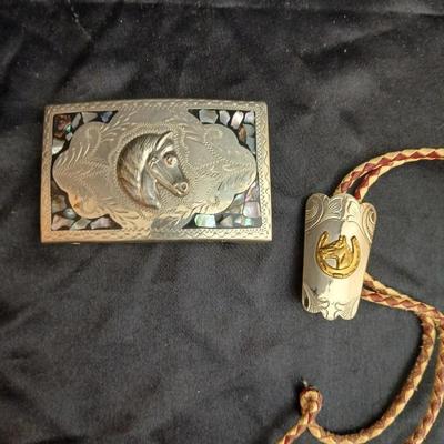 Mexico Alpaca silver toned and abalone inlaid belt buckle featuring a horse head design with a bolo tie clip featuring a horse