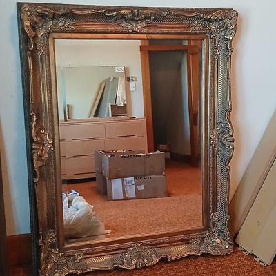 HUGE 52" X 42" ornate gold toned baroque-style framed wall mirror