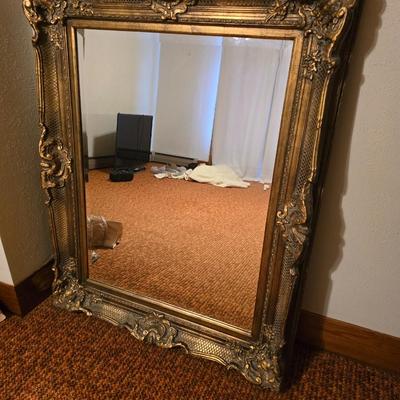HUGE 52" X 42" ornate gold toned baroque-style framed wall mirror