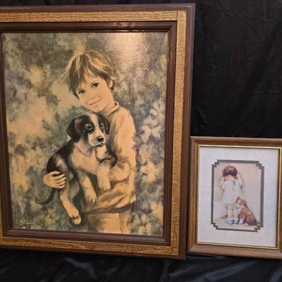 Two framed wall art pieces dog themed =vintage framed print titled "Comrades" by C. Mitchel & A little girl in time out...