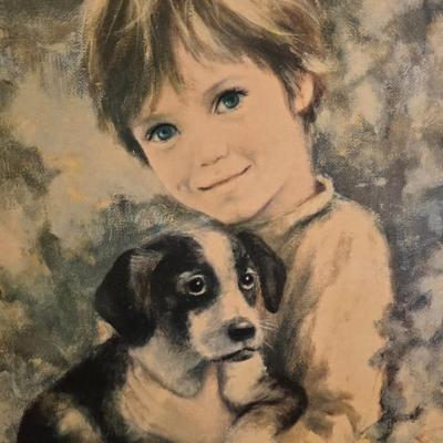 Two framed wall art pieces dog themed =vintage framed print titled "Comrades" by C. Mitchel & A little girl in time out...