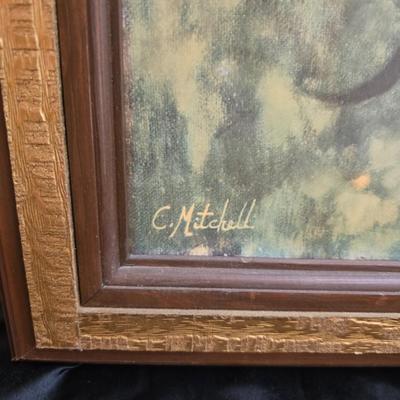 Two framed wall art pieces dog themed =vintage framed print titled "Comrades" by C. Mitchel & A little girl in time out...