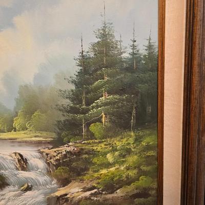 Vintage original framed oil painting on canvas signed Mallins, featuring a riverside cabin landscape scene.