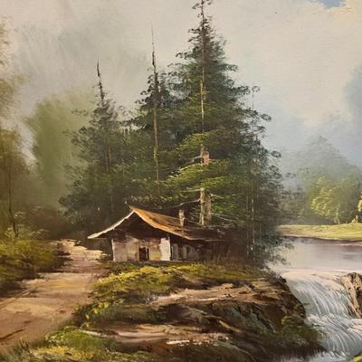 Vintage original framed oil painting on canvas signed Mallins, featuring a riverside cabin landscape scene.