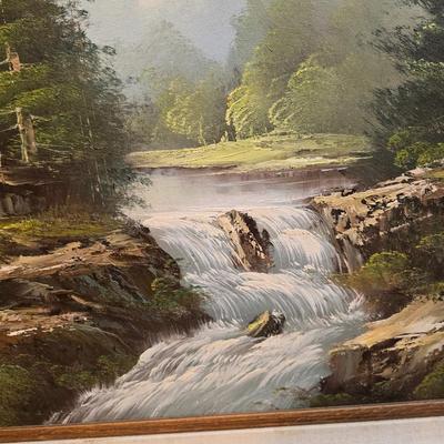 Vintage original framed oil painting on canvas signed Mallins, featuring a riverside cabin landscape scene.