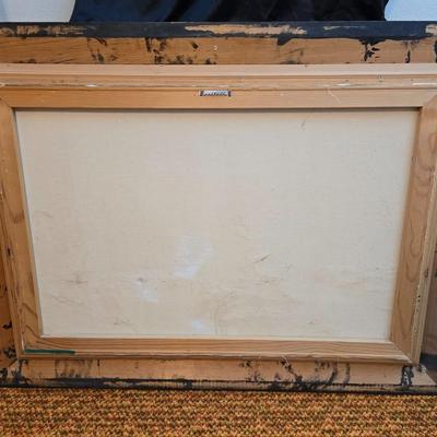 Vintage original framed oil painting on canvas signed Mallins, featuring a riverside cabin landscape scene.