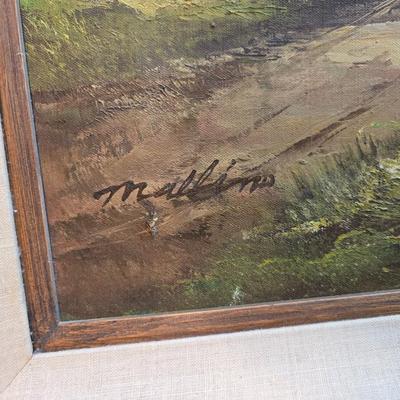 Vintage original framed oil painting on canvas signed Mallins, featuring a riverside cabin landscape scene.