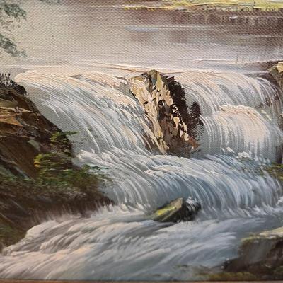 Vintage original framed oil painting on canvas signed Mallins, featuring a riverside cabin landscape scene.