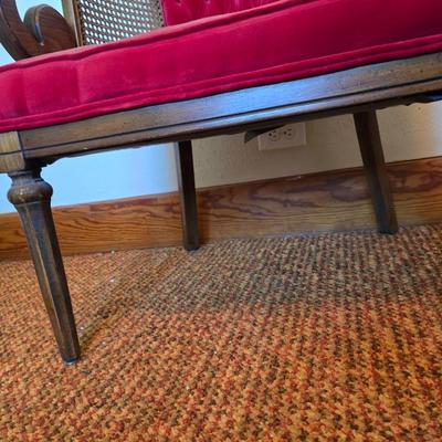 A Mid Century Modern Bentwood Walnut Tub Chair with Caning Sides & Crushed Red Velvet Upholstery