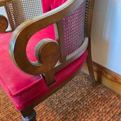 A Mid Century Modern Bentwood Walnut Tub Chair with Caning Sides & Crushed Red Velvet Upholstery