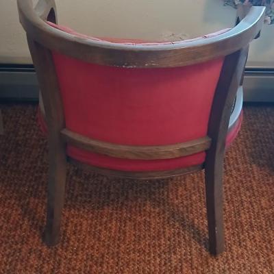A Mid Century Modern Bentwood Walnut Tub Chair with Caning Sides & Crushed Red Velvet Upholstery