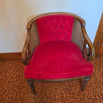 A Mid Century Modern Bentwood Walnut Tub Chair with Caning Sides & Crushed Red Velvet Upholstery