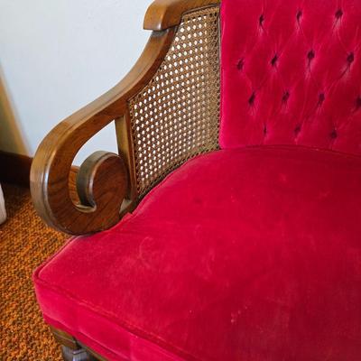 A Mid Century Modern Bentwood Walnut Tub Chair with Caning Sides & Crushed Red Velvet Upholstery