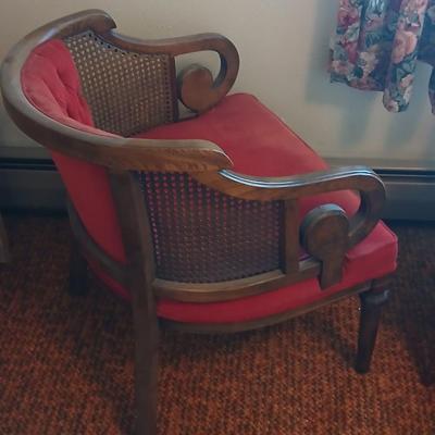 A Mid Century Modern Bentwood Walnut Tub Chair with Caning Sides & Crushed Red Velvet Upholstery