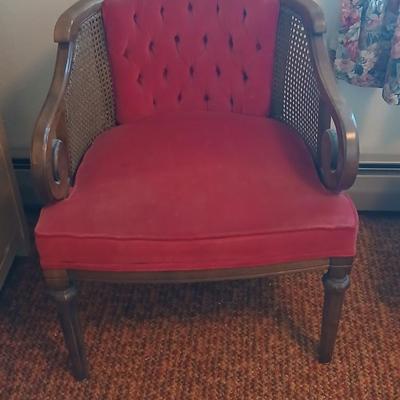 A Mid Century Modern Bentwood Walnut Tub Chair with Caning Sides & Crushed Red Velvet Upholstery