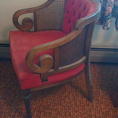 A Mid Century Modern Bentwood Walnut Tub Chair with Caning Sides & Crushed Red Velvet Upholstery