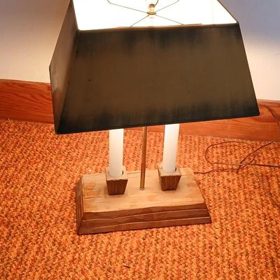 Pair of vintage Brandt Ranch Oak two-light candlestick table lamps with rectangular shade - 1 is Parts only