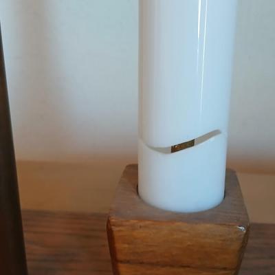 Pair of vintage Brandt Ranch Oak two-light candlestick table lamps with rectangular shade - 1 is Parts only