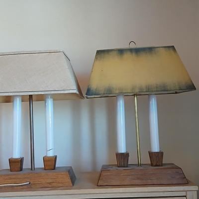 Pair of vintage Brandt Ranch Oak two-light candlestick table lamps with rectangular shade - 1 is Parts only