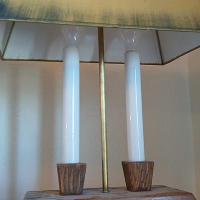 Pair of vintage Brandt Ranch Oak two-light candlestick table lamps with rectangular shade - 1 is Parts only