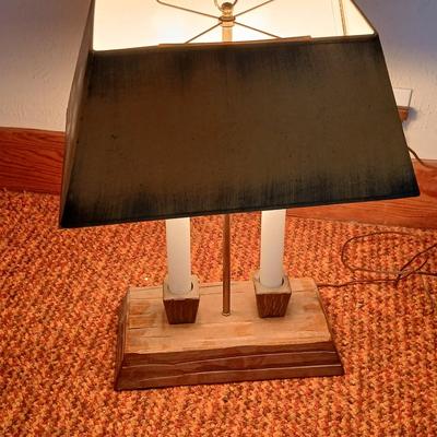 Pair of vintage Brandt Ranch Oak two-light candlestick table lamps with rectangular shade - 1 is Parts only