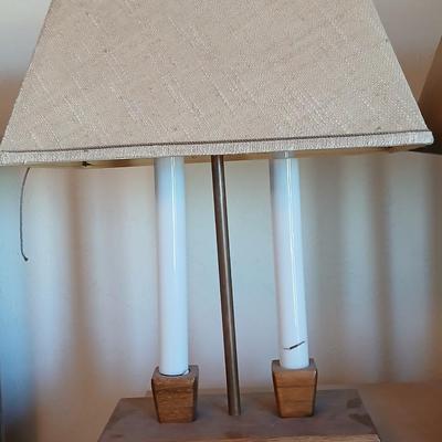 Pair of vintage Brandt Ranch Oak two-light candlestick table lamps with rectangular shade - 1 is Parts only