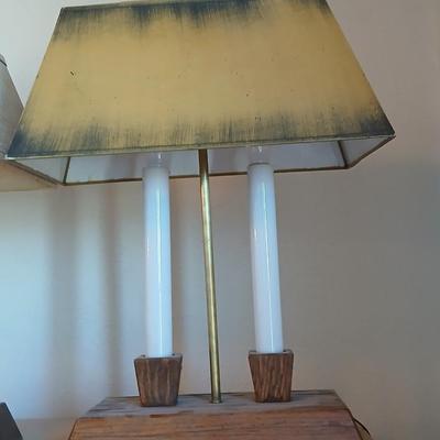 Pair of vintage Brandt Ranch Oak two-light candlestick table lamps with rectangular shade - 1 is Parts only