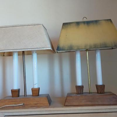 Pair of vintage Brandt Ranch Oak two-light candlestick table lamps with rectangular shade - 1 is Parts only