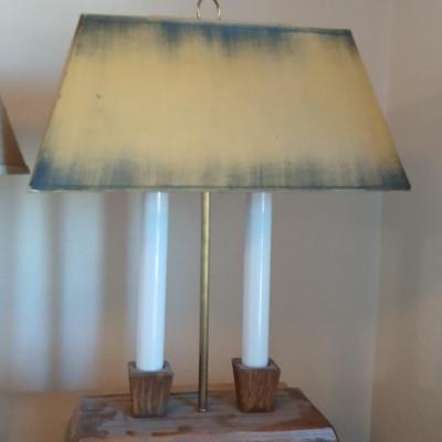 Pair of vintage Brandt Ranch Oak two-light candlestick table lamps with rectangular shade - 1 is Parts only