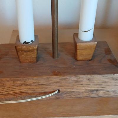 Pair of vintage Brandt Ranch Oak two-light candlestick table lamps with rectangular shade - 1 is Parts only