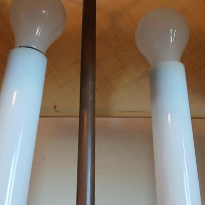 Pair of vintage Brandt Ranch Oak two-light candlestick table lamps with rectangular shade - 1 is Parts only