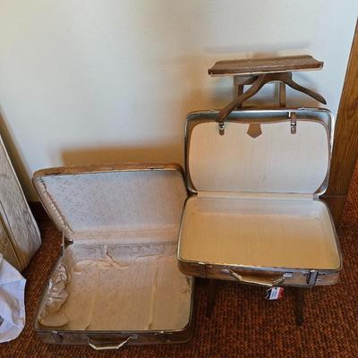 Mid-Century Modern Sculpted Walnut Butler Suit Valet Bench Seat with a set of American Tourister Escort hard shell suitcases